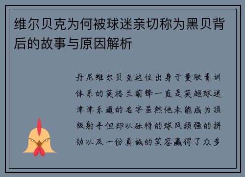 维尔贝克为何被球迷亲切称为黑贝背后的故事与原因解析 维尔贝克为何被球迷亲切称为黑贝背后的故事与原因解析
